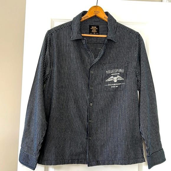 Massive Premium Quality Goods, NYC Navy Blue Striped Shirt w Moto Club Graphics - Picture 2 of 10